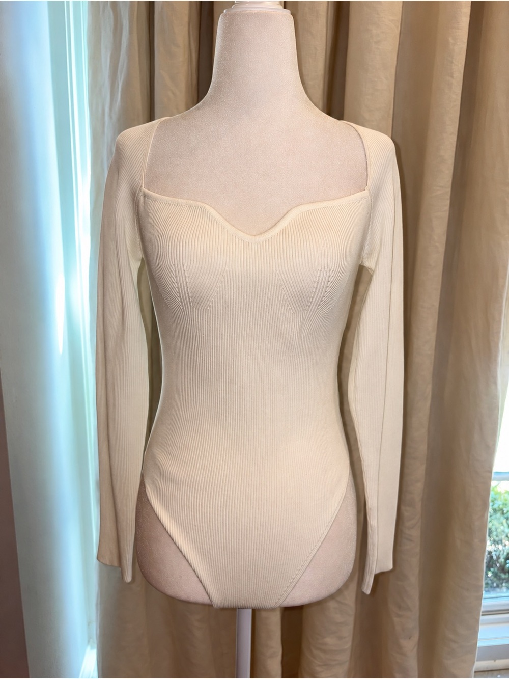 Endless Rose Cream Ribbed Sweetheart Long-Sleeve Bandeau Bodysuit